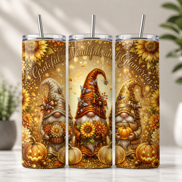 Grateful Thankful Glamorous fall gnomes tumbler design