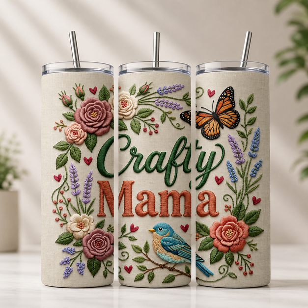 Crafty Mama embroidered floral tumbler design