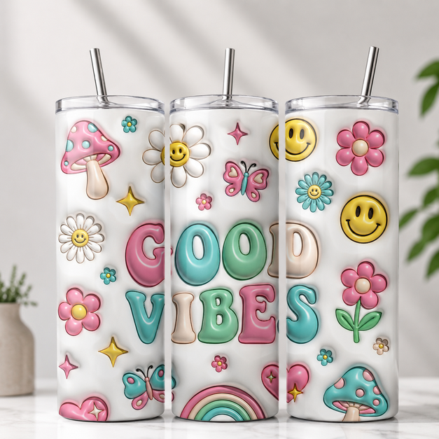 Good Vibes puffy doodle tumbler design