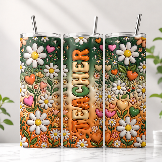 Teacher floral puffy doodle tumbler design