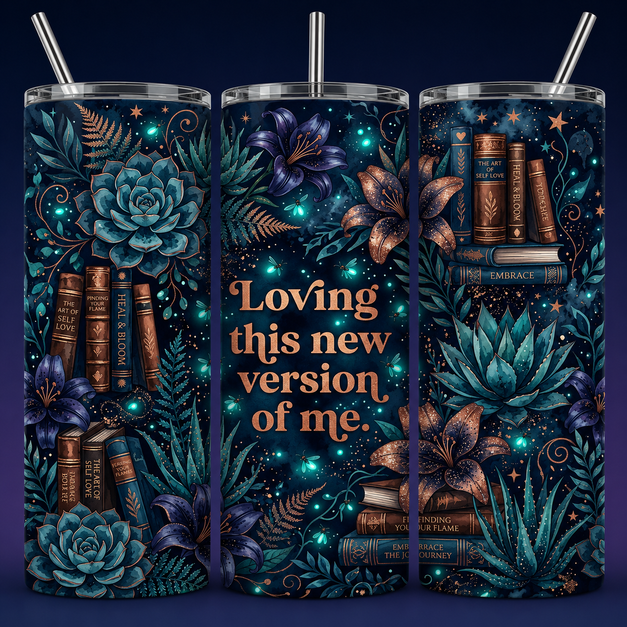 Dark feminine self-love tumbler design with succulents, lilies and books